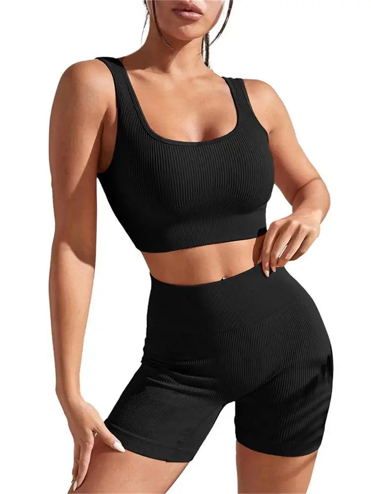 Women’s Seamless Ribbed Workout Set – Crop Tank & High-Waist Shorts