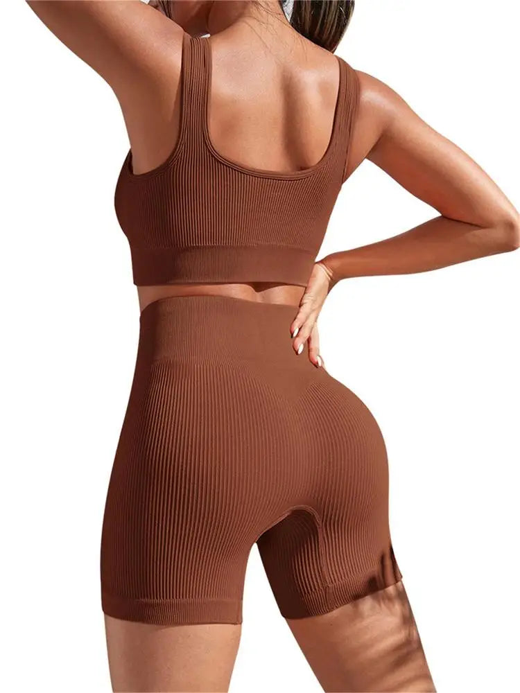 Women’s athletic seamless ribbed workout set with high-waist brown shorts and crop tank for activewear and exercise.