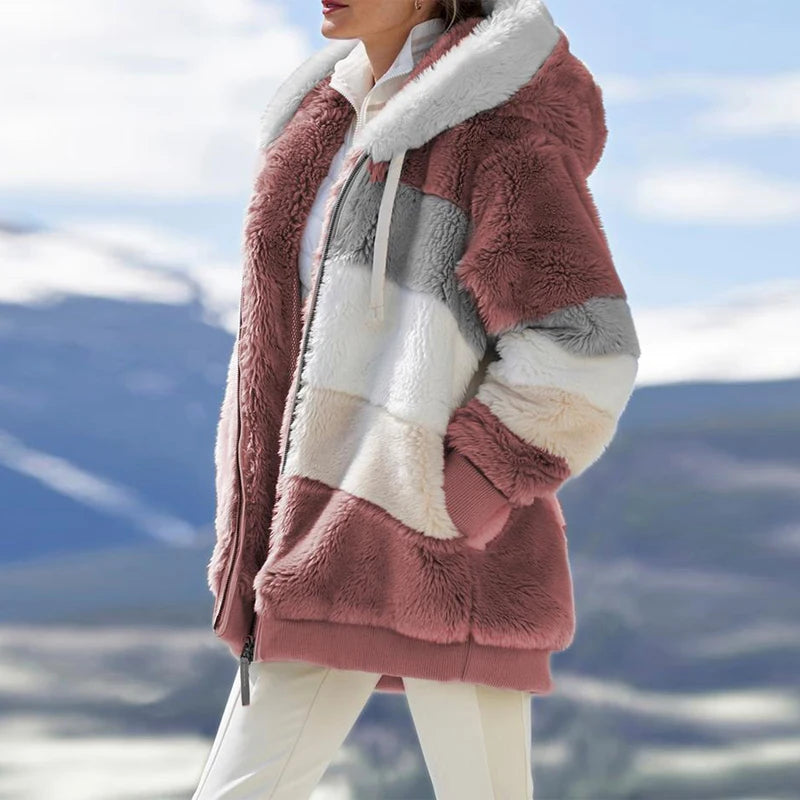 Women's Essential Oversized Coat by Athletic Sanctuary, warm zip-up comfort layer in neutral fabric, worn open or zipped up.