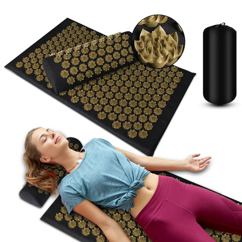 Person relaxing on Athletic Sanctuary acupressure massage mat and cushion set for stress and back pain relief.