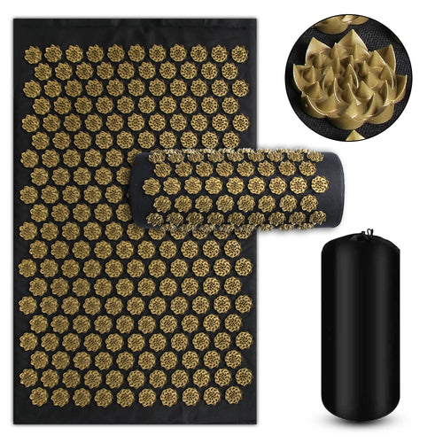 Athletic Sanctuary acupressure massage mat and cushion set used for stress relief and back muscle tension relaxation.