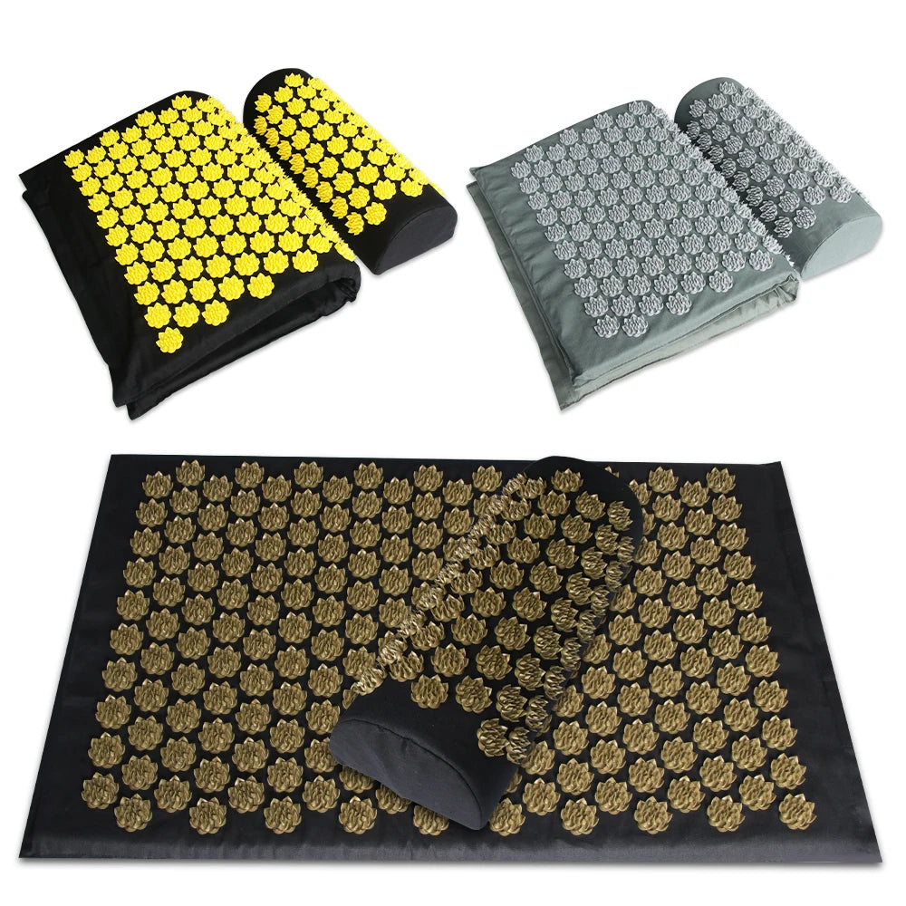 Black acupressure massage mat and cushion set with gold and yellow flower patterns, designed for stress and back pain relief.