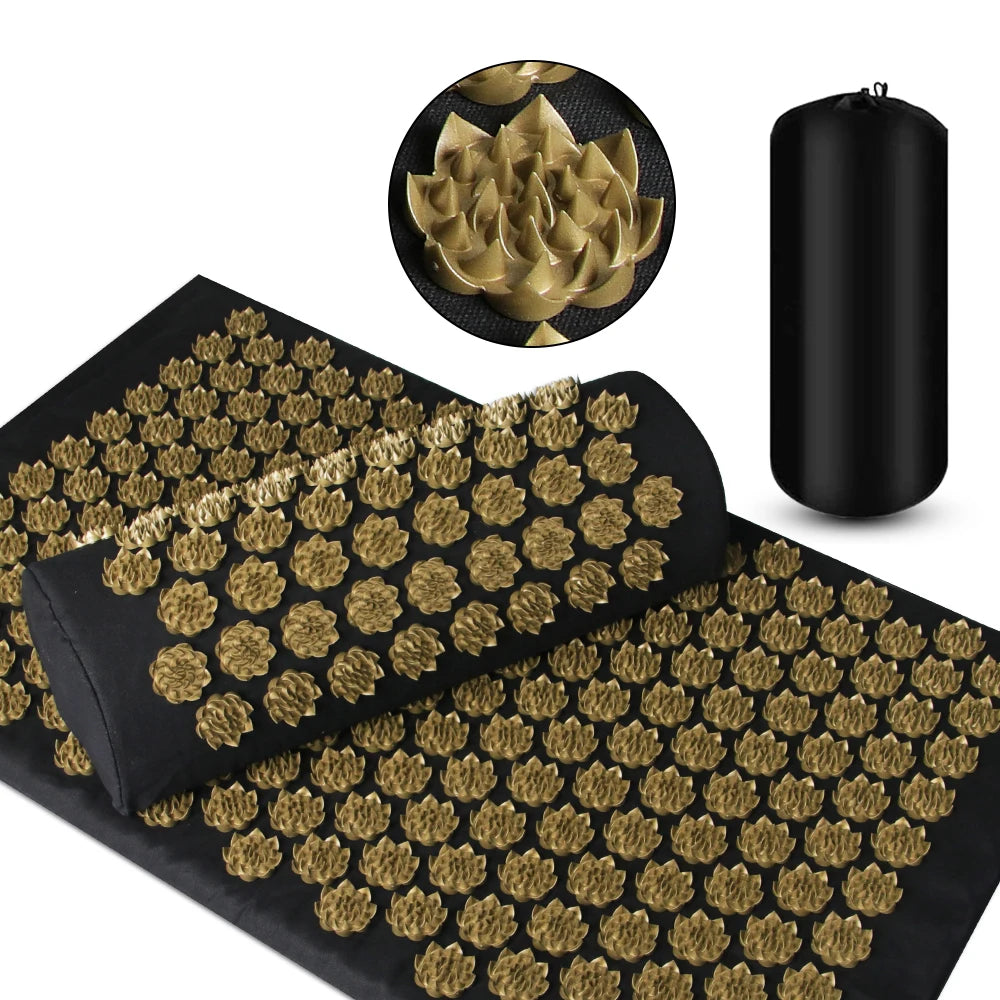 Athletic Sanctuary acupressure massage mat and cushion set with gold nodes and black carrying bag on white background