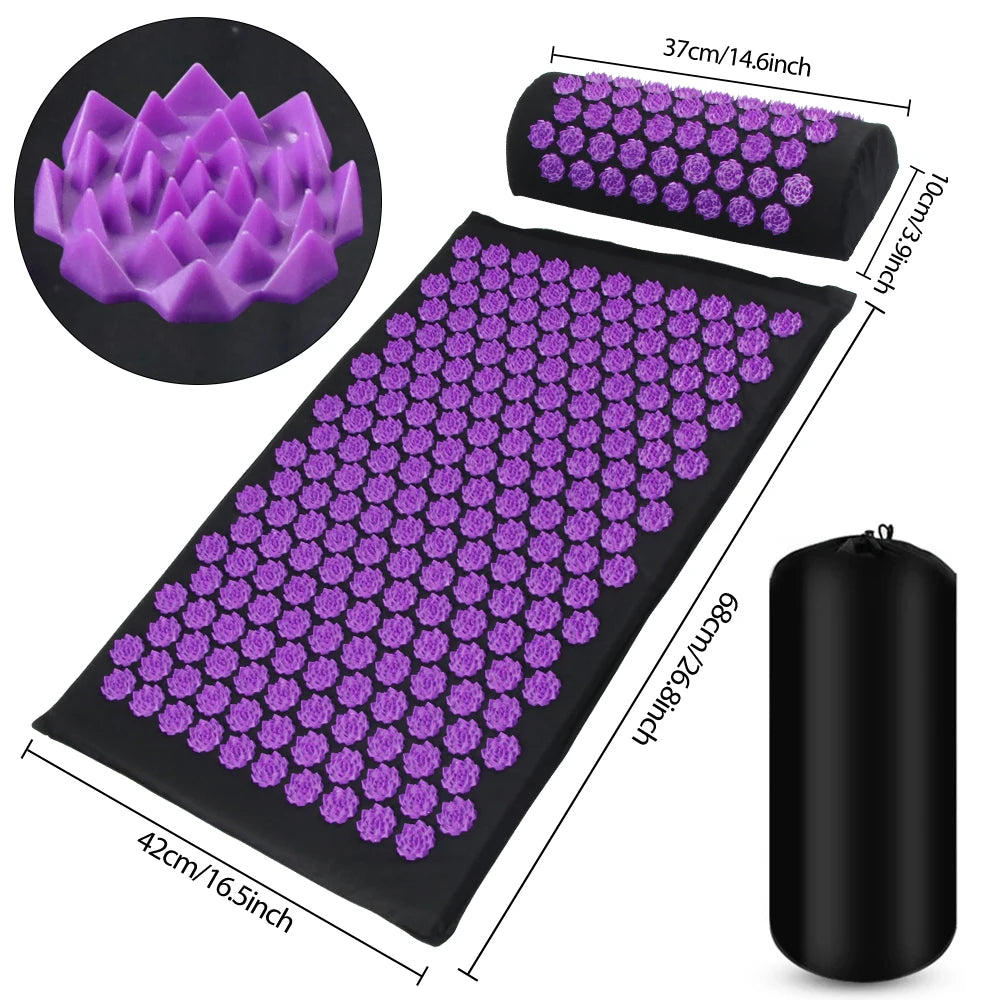 Athletic Sanctuary acupressure massage mat and cushion set for stress relief and back pain relief, showing textured surface and cushion.