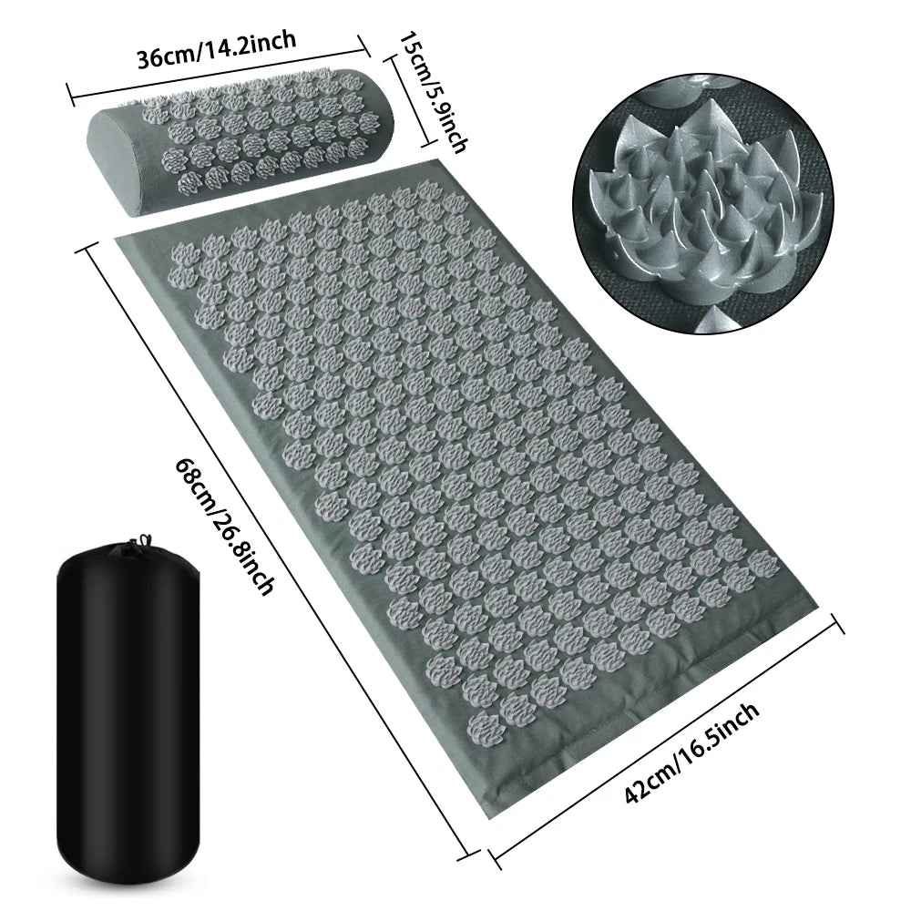 Athletic Sanctuary acupressure massage mat and cushion set for stress relief and back pain relief, with textured surface and adjustable straps.