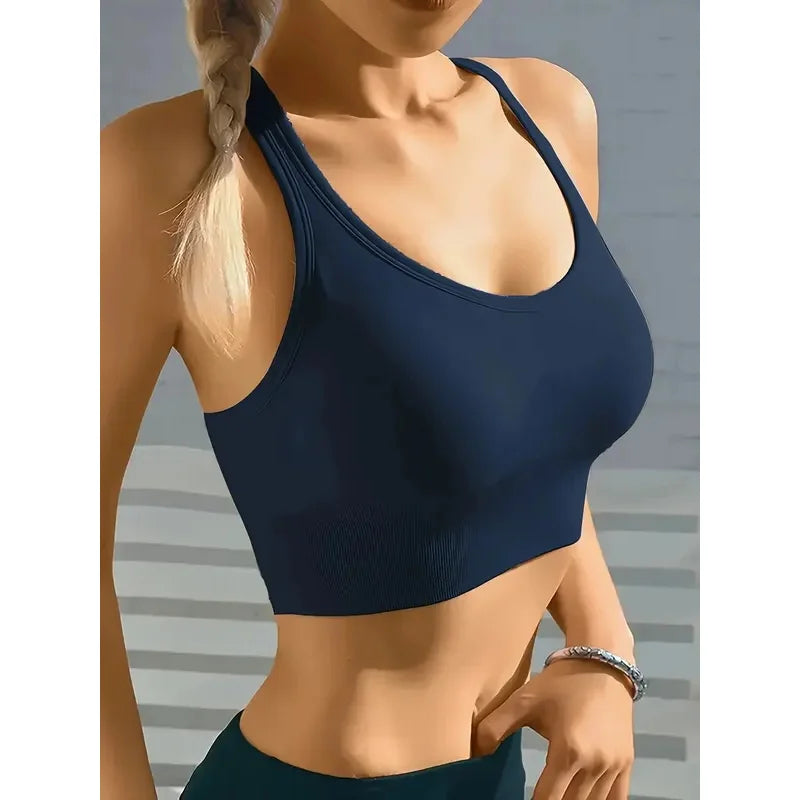 Navy blue women's ribbed seamless crop tank top by Athletic Sanctuary with a fitted, stretchy design.