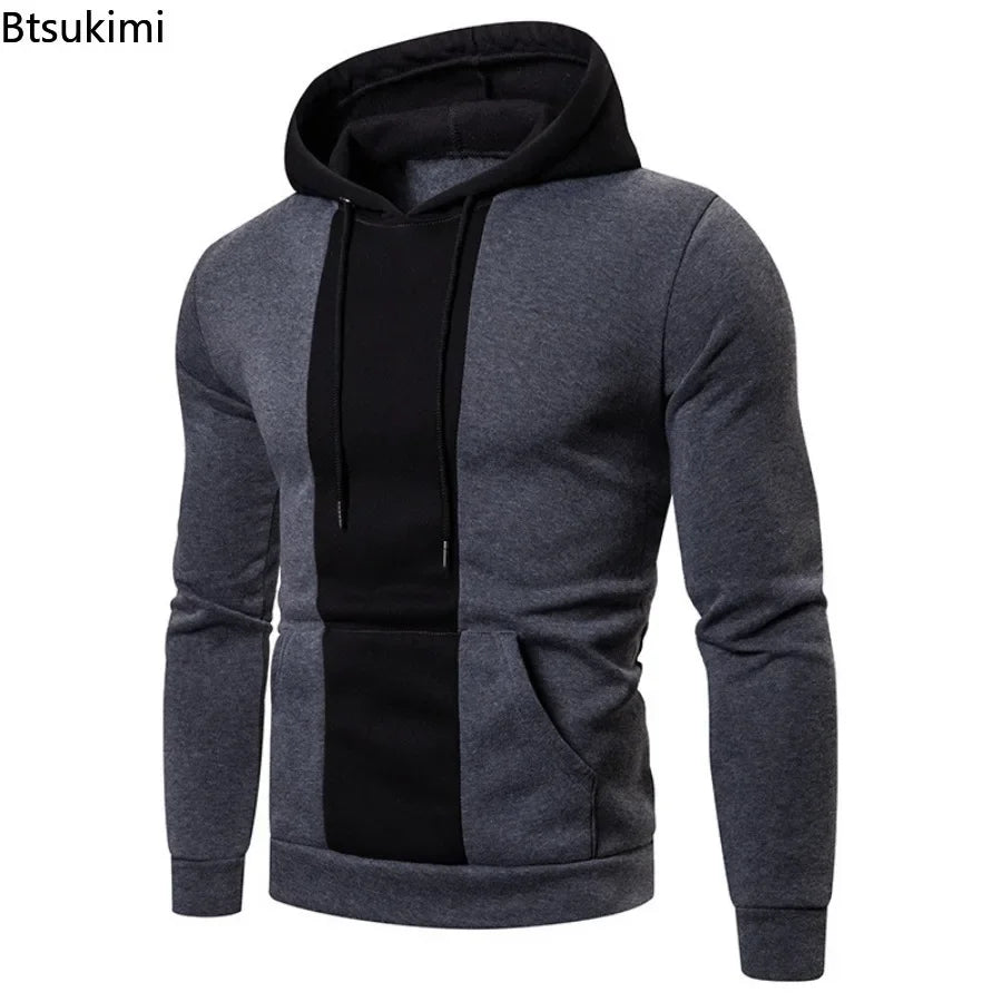 Men's fleece hoodie by Athletic Sanctuary with patchwork design, large front pocket, color block style, casual hooded sweatshirt.