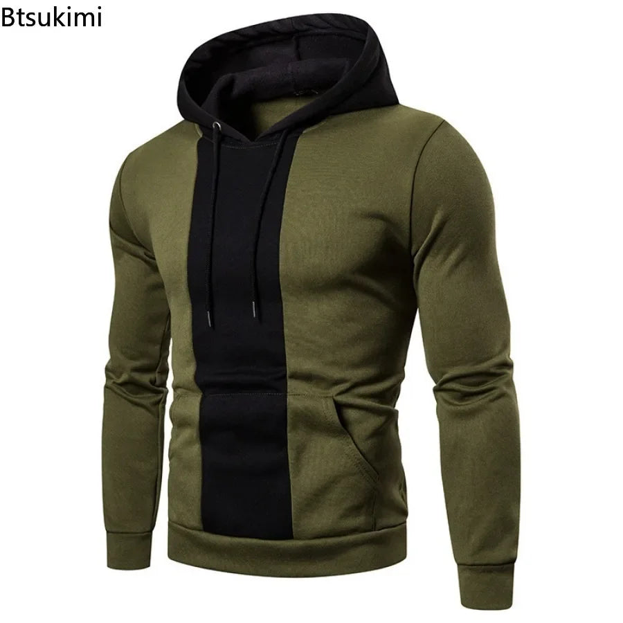 Men's fleece hoodie by Athletic Sanctuary featuring patchwork design, large pocket, color block pattern, casual hooded sweatshirt.