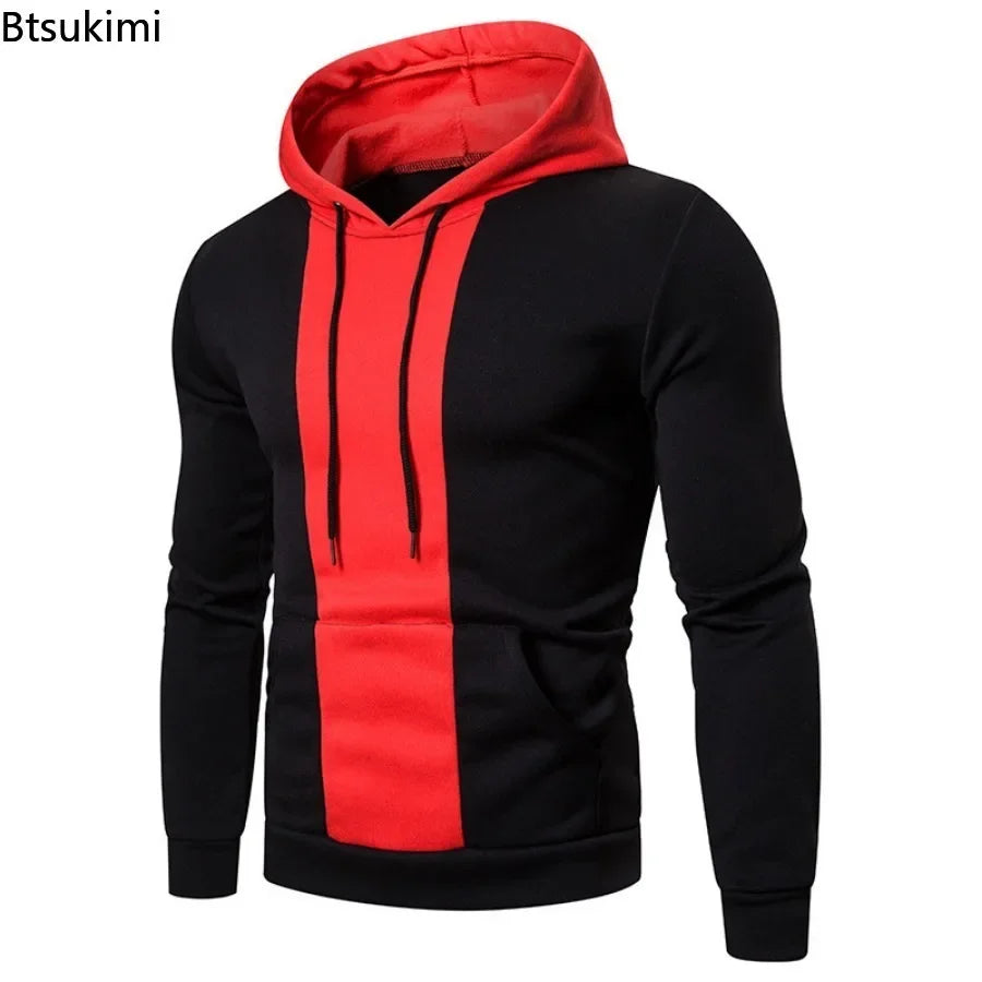 Athletic Sanctuary men's fleece hoodie with patchwork design, large front pocket, color block pattern, casual hooded sweatshirt for men.