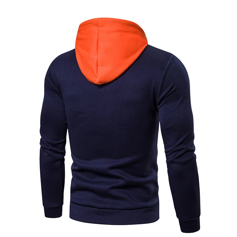 Men's fleece hoodie by Athletic Sanctuary featuring patchwork design, large front pocket, color block pattern, casual hooded sweatshirt.