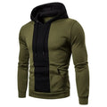Men's fleece hoodie by Athletic Sanctuary featuring patchwork design, large front pocket, color block pattern, casual hooded sweatshirt.