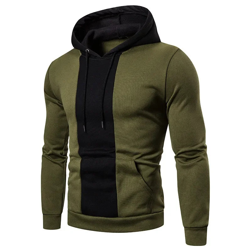 Men's fleece hoodie by Athletic Sanctuary featuring patchwork design, large front pocket, color block pattern, casual hooded sweatshirt.