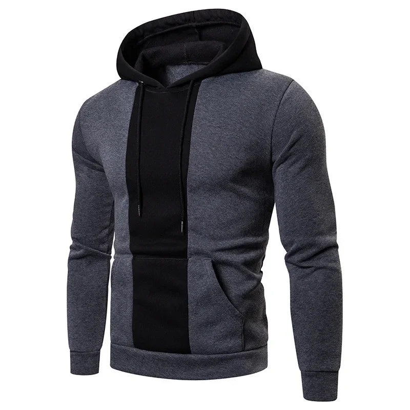 Athletic Sanctuary men's fleece hoodie featuring patchwork design, large front pocket, color block pattern, casual hooded sweatshirt.