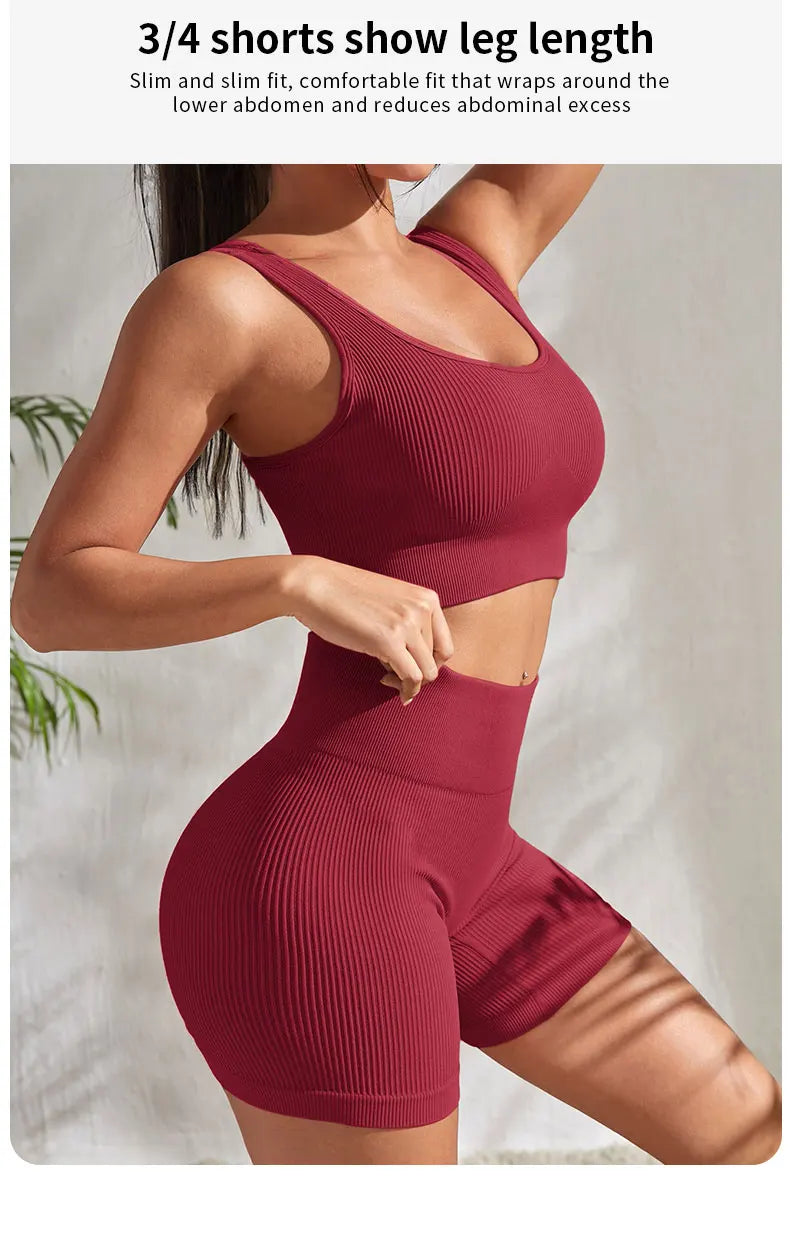 Women’s ribbed seamless gym set with crop tank and high-waist shorts from Athletic Sanctuary, shown laid out on a white background.