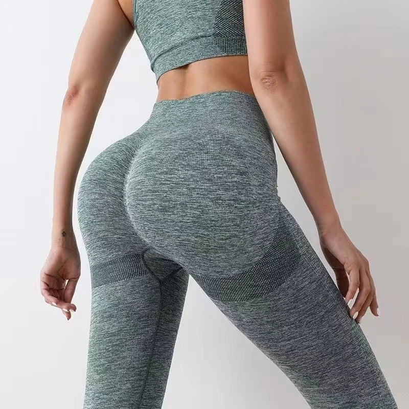 Gray women's seamless push-up high waist gym leggings with matching sports bra by Athletic Sanctuary, designed for comfortable active wear.