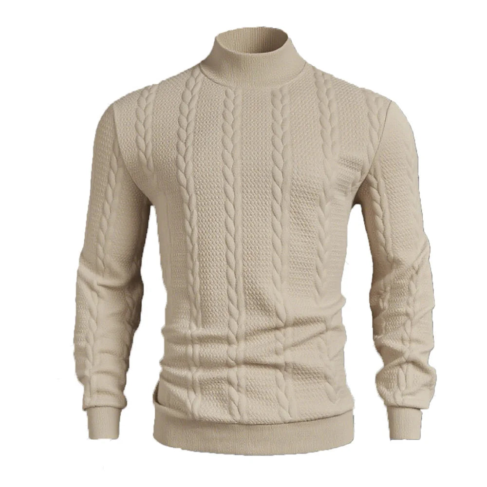 Beige men's high collar cable knit sweater by Athletic Sanctuary, vintage slim fit winter pullover, cozy and stylish for cold weather.