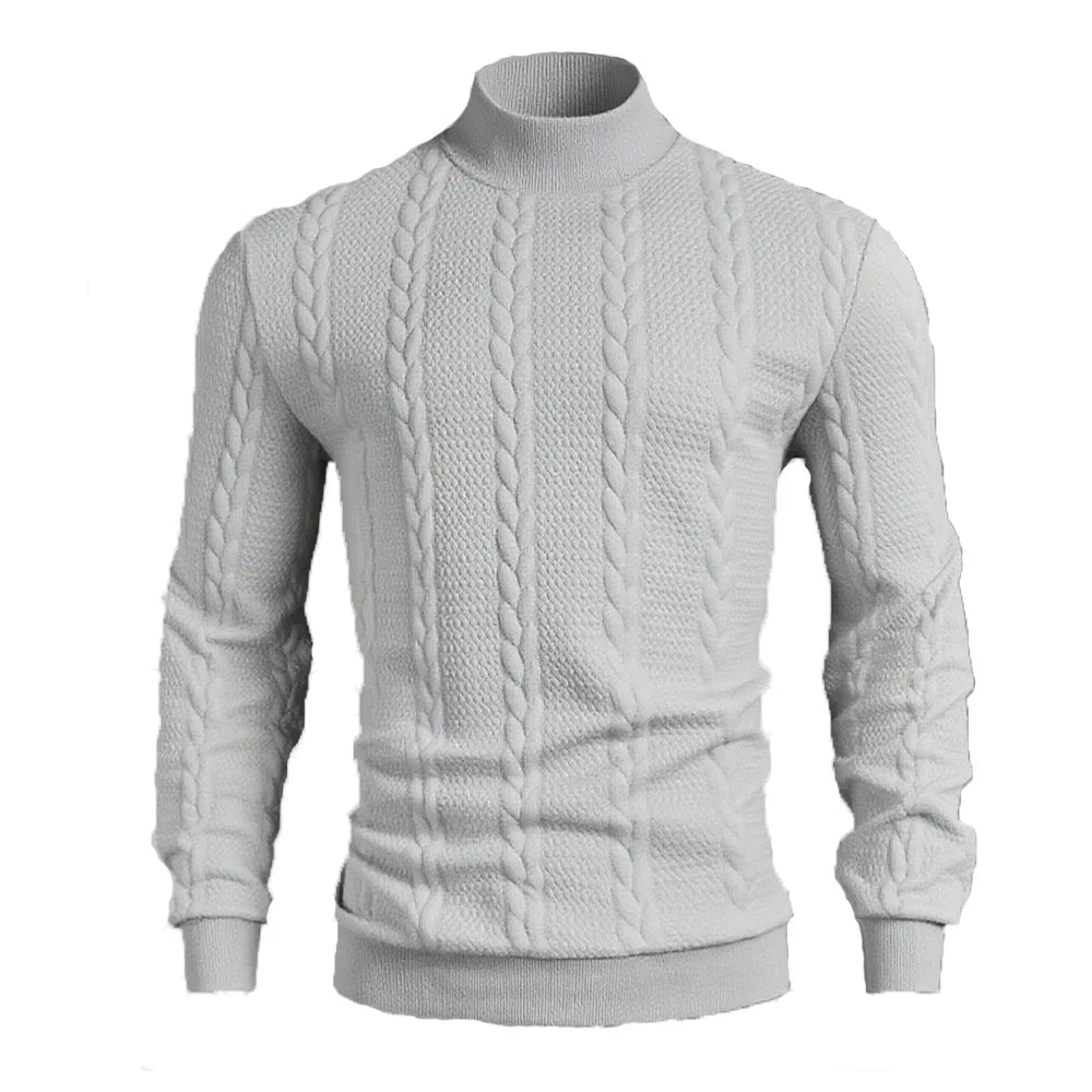 Gray men's high collar knit sweater by Athletic Sanctuary featuring cable knit pattern, slim fit winter pullover.