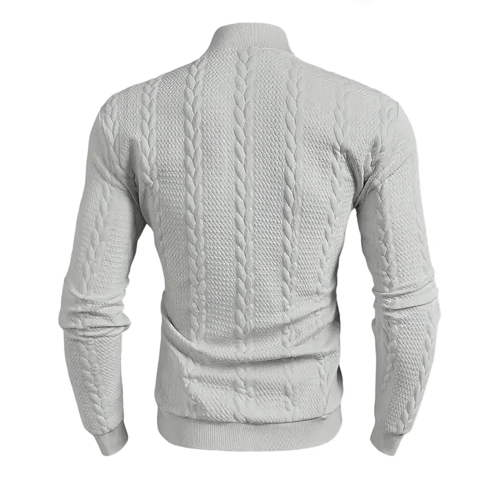Light gray men's high collar cable knit sweater by Athletic Sanctuary, vintage slim fit winter pullover, cozy and stylish.