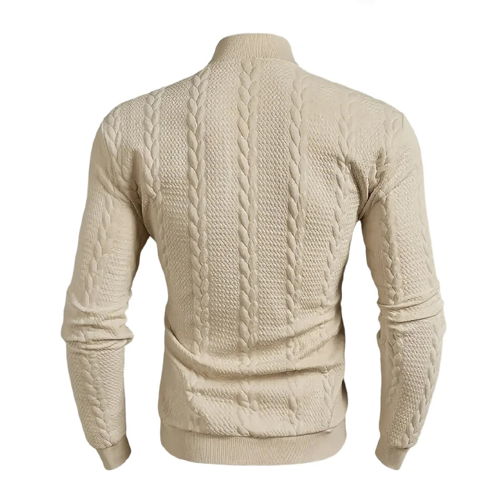Close-up of twisted knit texture on men's vintage slim fit high collar knit sweater by Athletic Sanctuary, perfect for winter layering.