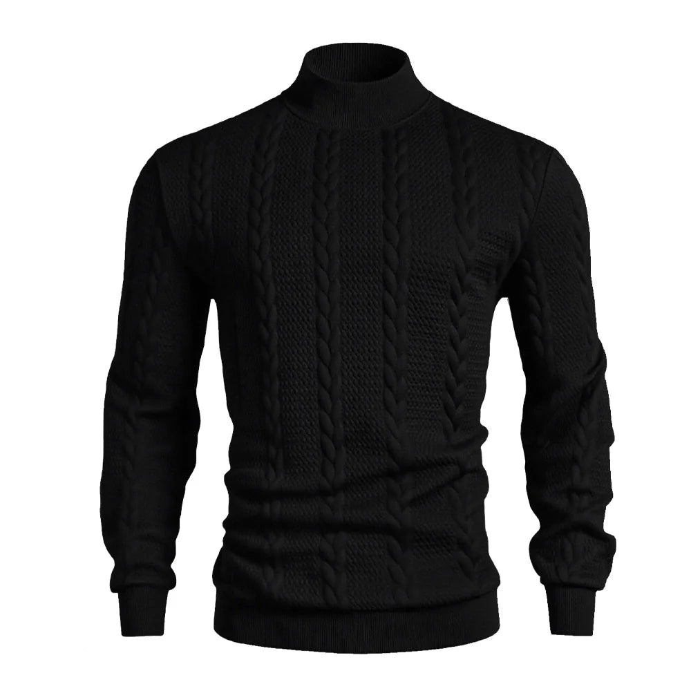 Black men's high collar knit sweater by Athletic Sanctuary featuring cable knit design, slim fit winter pullover.