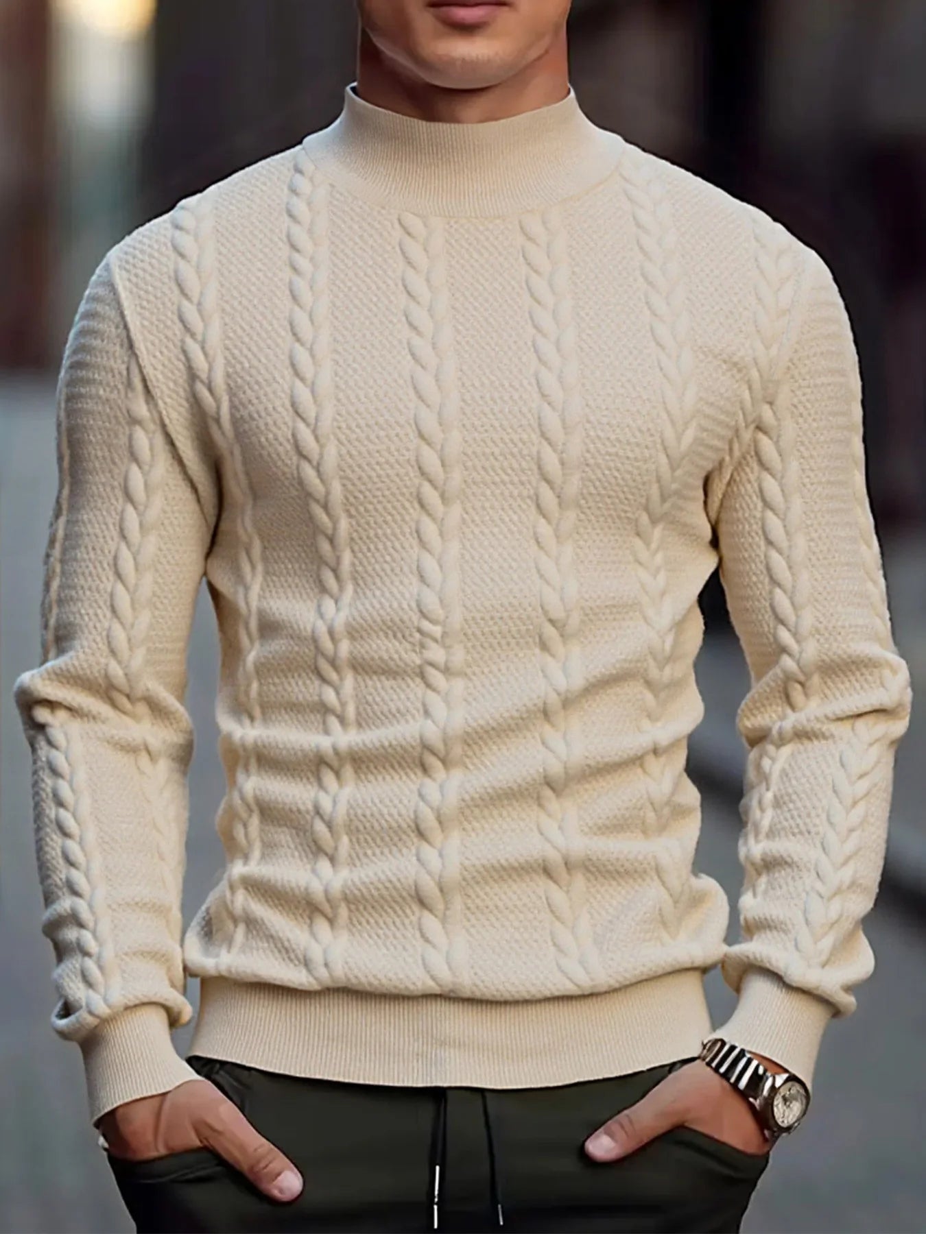 Men’s high collar knit sweater by Athletic Sanctuary, vintage slim fit winter pullover in cozy wool blend, shown on a model.