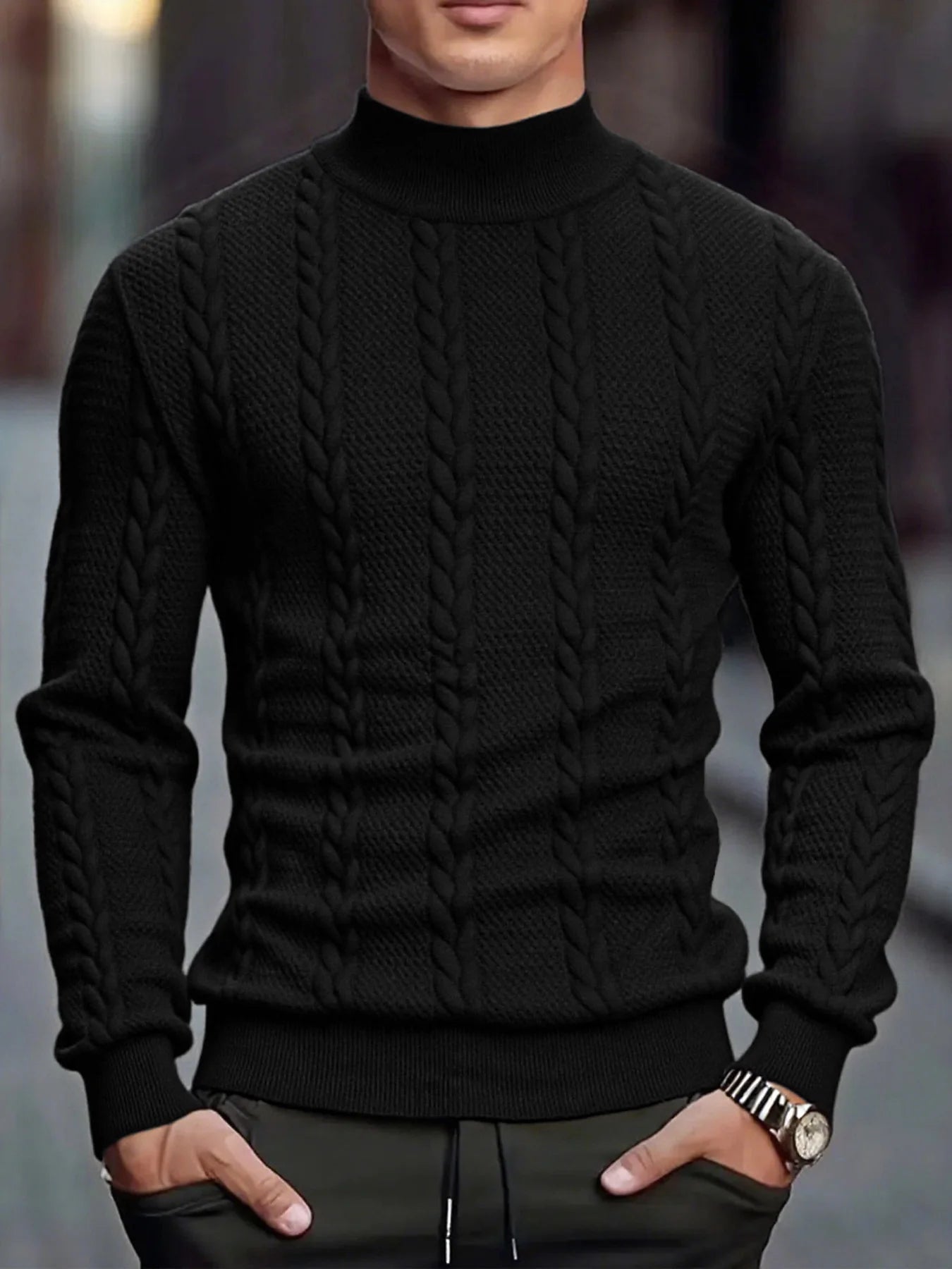 Men’s high collar knit sweater by Athletic Sanctuary, vintage slim fit winter pullover, featuring a cozy high neckline and ribbed texture.