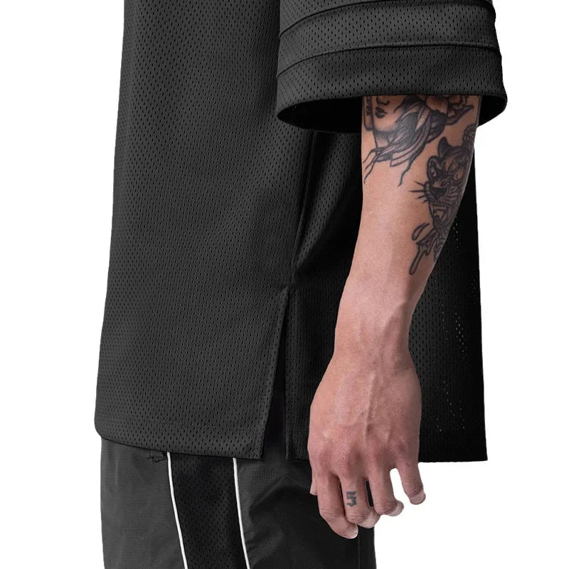 Men’s oversized performance T-shirt by Athletic Sanctuary, quick dry gym essential, shown in navy with breathable fabric.