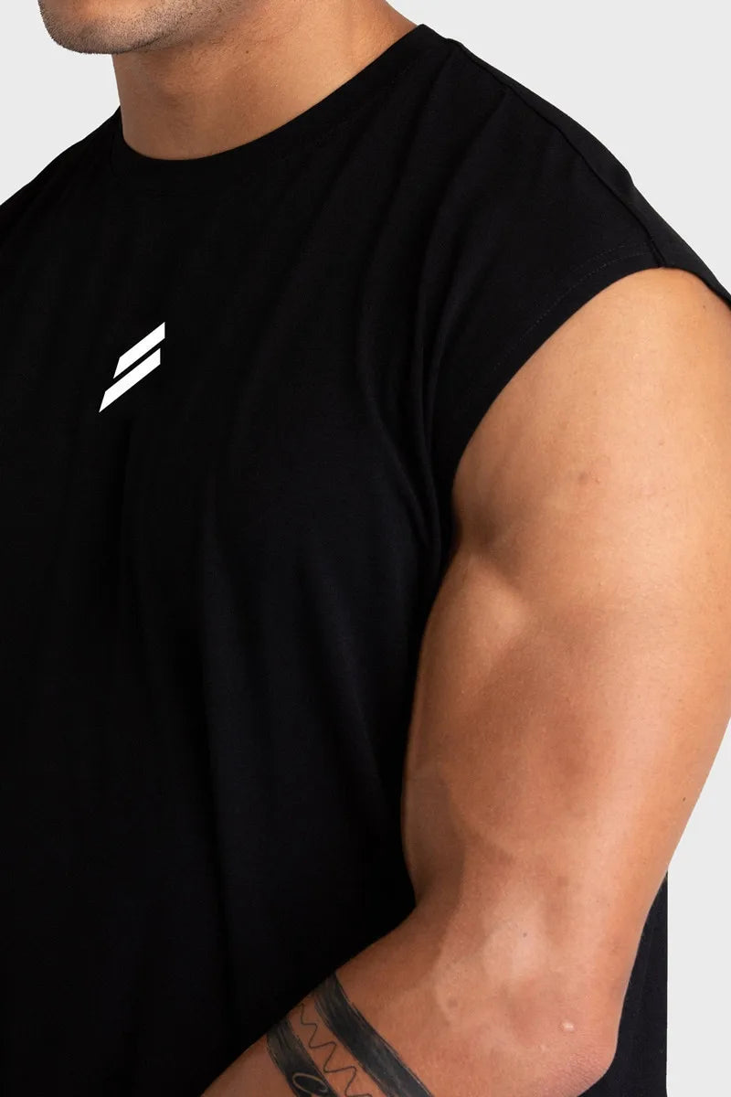 Black men's mesh gym tank top with Athletic Sanctuary logo, quick-dry sleeveless fitness vest on light gray background.