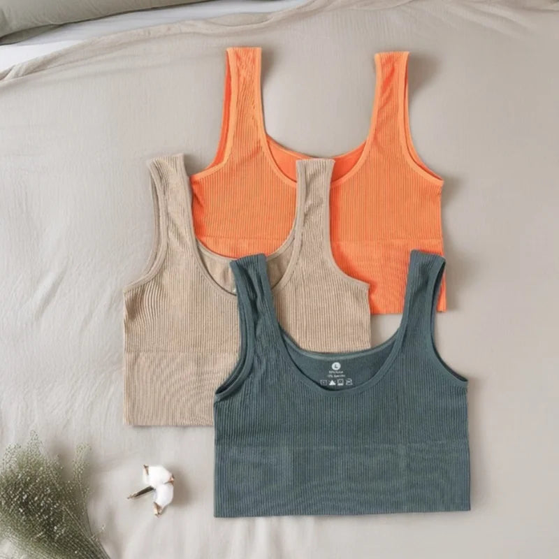 Women’s seamless ribbed wireless sports camisole crop top by Athletic Sanctuary, sleeveless and comfortable for lounging or yoga.