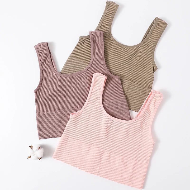 Women's seamless ribbed wireless sports bra crop top by Athletic Sanctuary, shown in a close-up image highlighting the fabric and design.