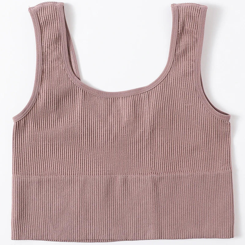 Women's seamless ribbed wireless sports bra crop top by Athletic Sanctuary, showing a comfortable, fitted ribbed fabric design.