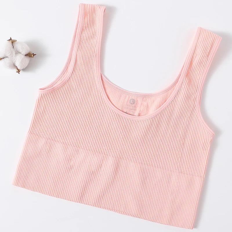 Women’s seamless ribbed wireless sports bra crop top by Athletic Sanctuary, shown in a fitted, ribbed design with supportive straps.