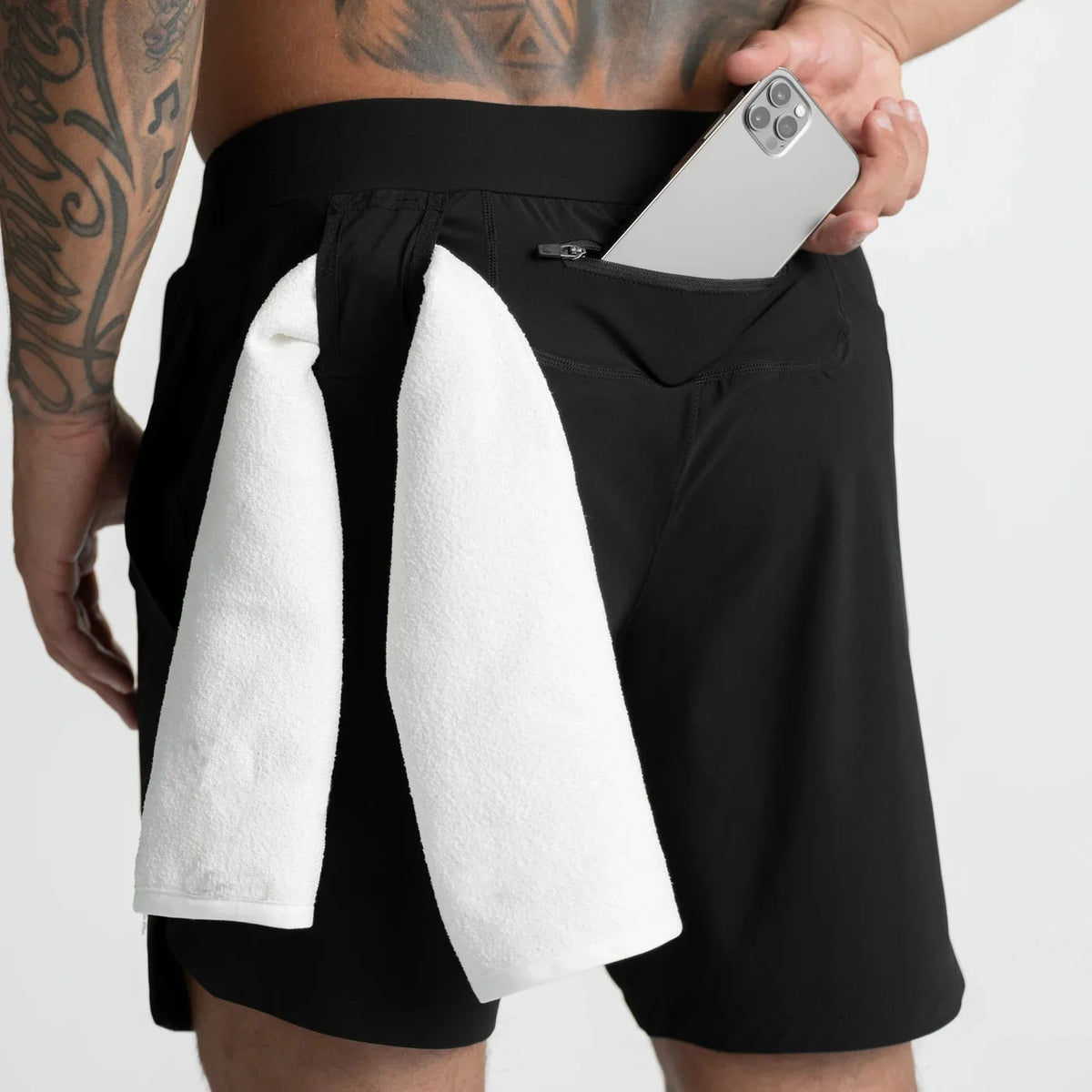 Men’s Athletic Sanctuary quick-dry performance shorts, designed for training and daily wear, shown in a sleek black color.