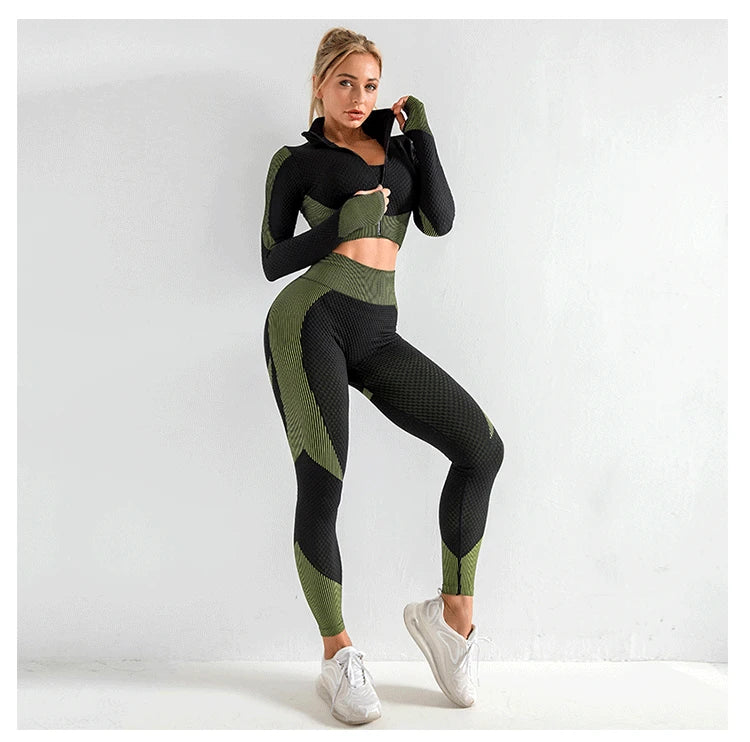Woman wearing green and black seamless peach lift high-waist yoga leggings by Athletic Sanctuary, suited for active and yoga workouts.