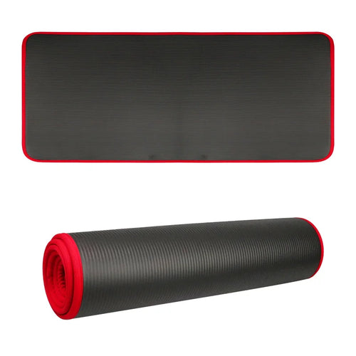 Black 10mm thick Athletic Sanctuary yoga mat with red edges, non-slip surface, perfect for Pilates and workout routines.
