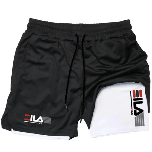 Black and white men's double-layer sports shorts with FILA logo, featuring quick-dry fabric for active workouts by Athletic Sanctuary.