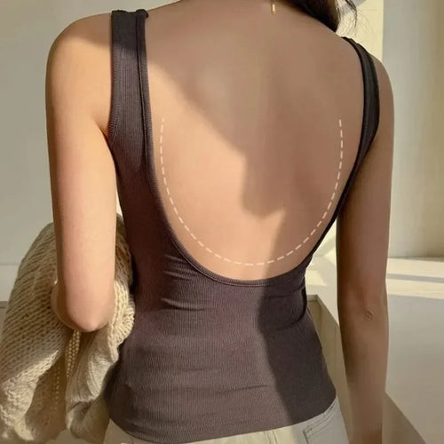 White backless tank top with built-in bra and square neckline, sleeveless design, perfect for women’s summer casual wear.