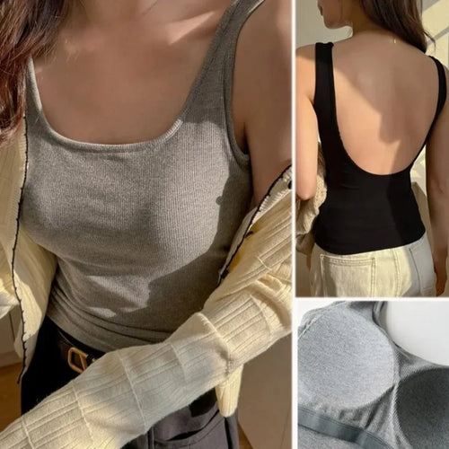 Backless white and black women's tank tops with built-in bras, square neck, sleeveless design, summer casual camisoles by Athletic Sanctuary.