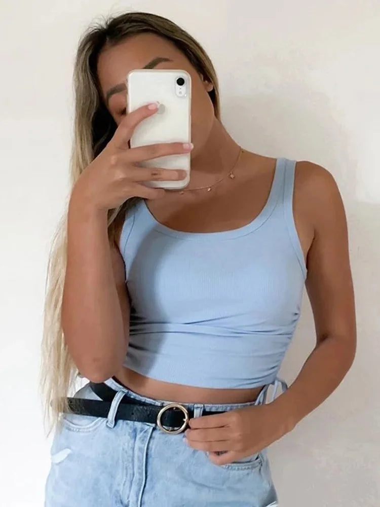 Solid ruched sleeveless tank top for women by Athletic Sanctuary, casual summer crop top with tie-up detail and high street style.