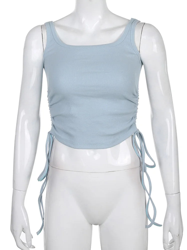 Athletic Sanctuary women's sleeveless ruched tank top, solid casual crop top with tie-up front, perfect for summer fitness and high street fashion.