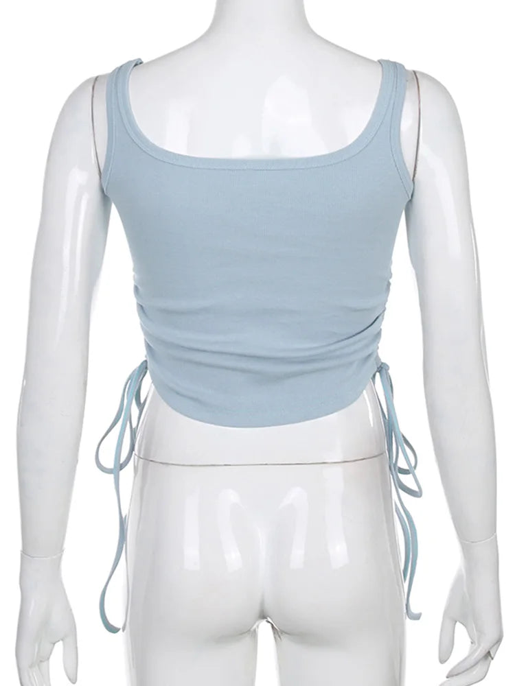 Athletic Sanctuary women's sleeveless ruched tank top, solid casual crop tee with tie-up front, perfect for summer fitness and high street fashion.