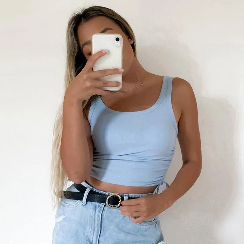 Athletic Sanctuary women's sleeveless ruched crop top with tie-up front, solid casual tank for summer fitness and high street fashion.