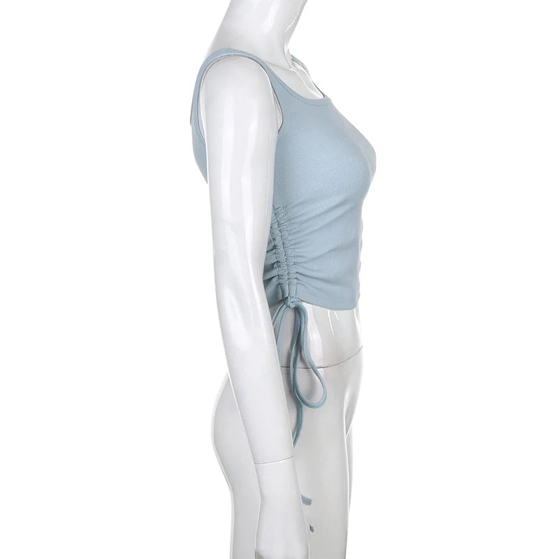 Athletic Sanctuary women's ruched sleeveless tank top with tie-up front, solid casual crop top for summer fitness and high street style.