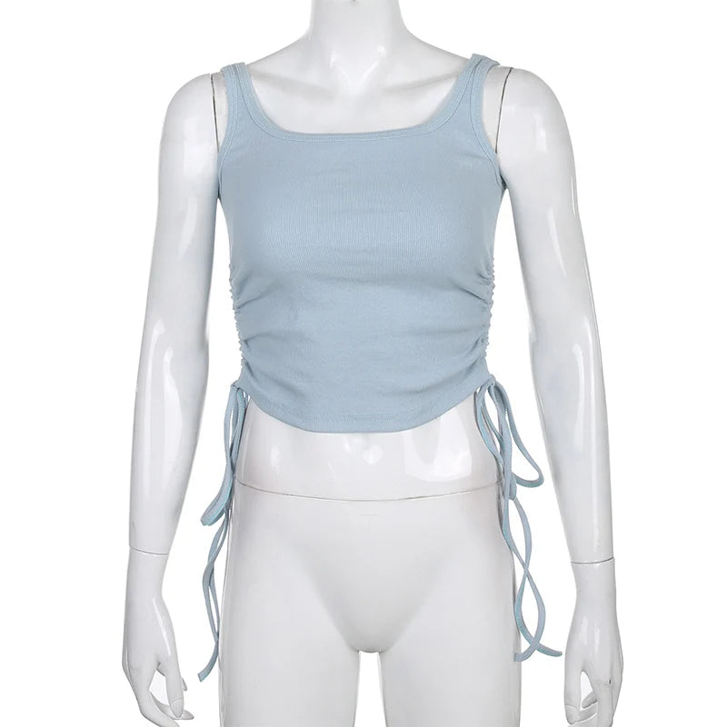 Athletic Sanctuary sleeveless ruched crop top for women, solid casual tank with tie-up design, perfect for summer fitness and high street style.