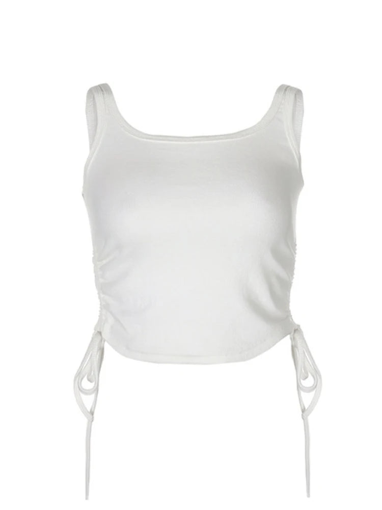 Athletic Sanctuary women's sleeveless ruched tank top, solid casual crop tee with tie-up design, ideal for summer fitness and fashion.