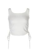 Athletic Sanctuary women's sleeveless ruched tank top, solid casual crop tee with tie-up design, ideal for summer fitness and fashion.
