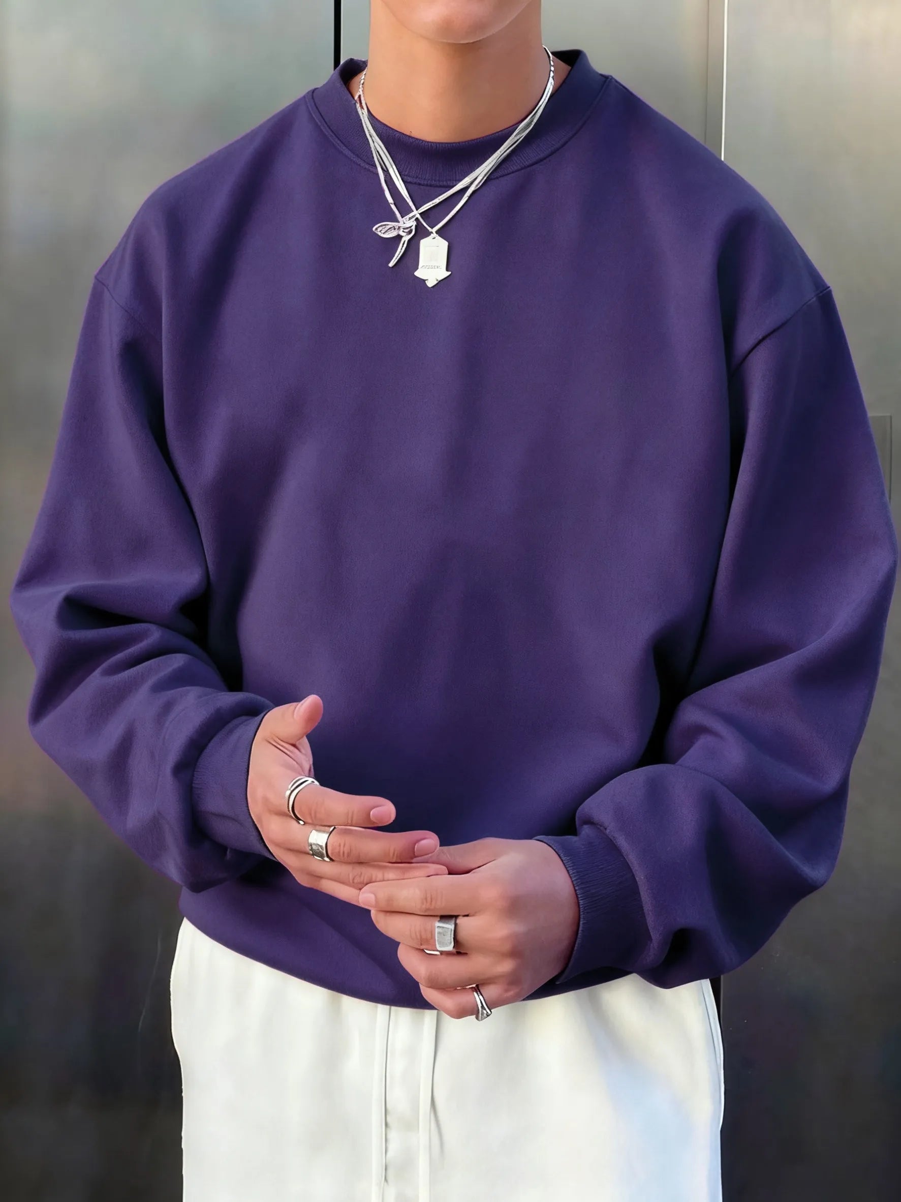 Men’s navy fleece pullover sweatshirt by Athletic Sanctuary featuring a soft, casual streetwear style and comfortable fit.