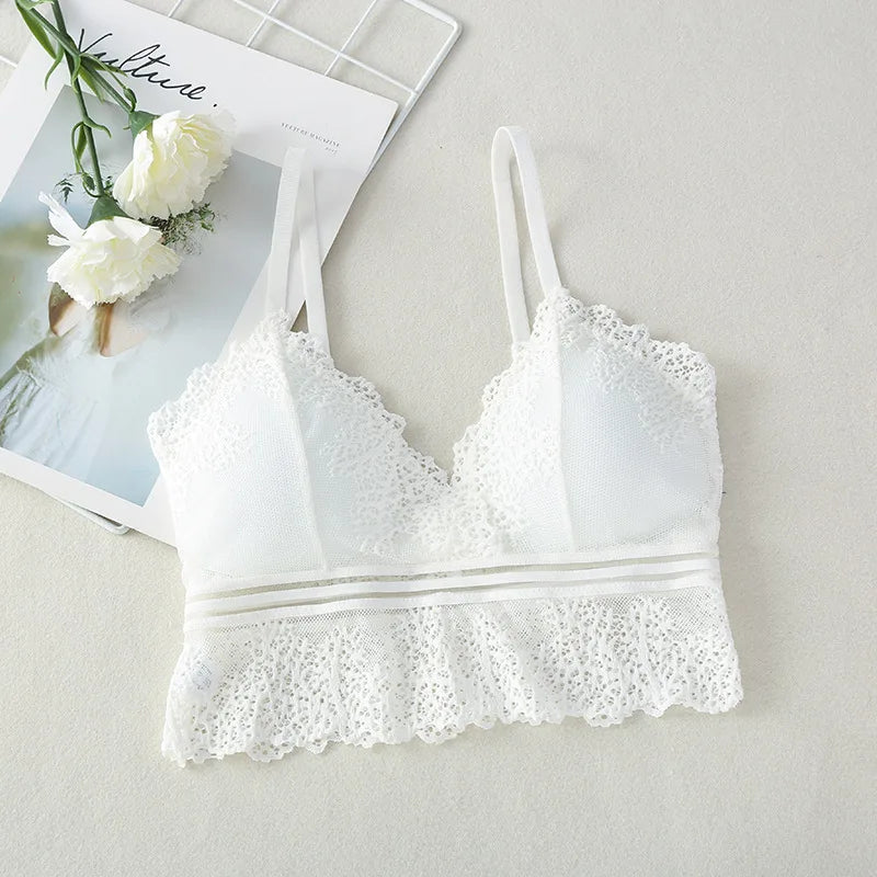 Women’s seamless lace tube top bralette with V-neck, crop design from Athletic Sanctuary, shown in black with smooth fabric and lace detailing.
