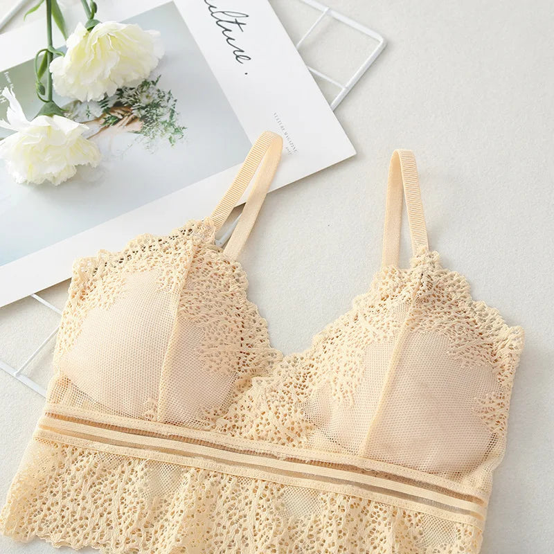 Seamless women's lace tube top bralette with V-neck, crop style, from Athletic Sanctuary, shown on a model.