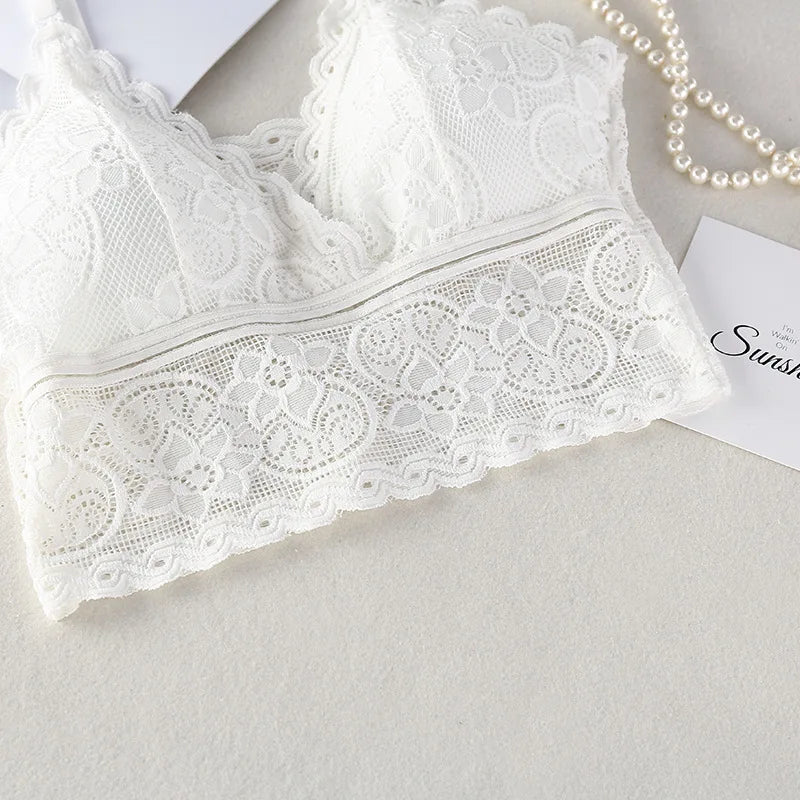 Women's seamless lace tube top bralette with V-neck, crop design from Athletic Sanctuary, shown in a close-up image.